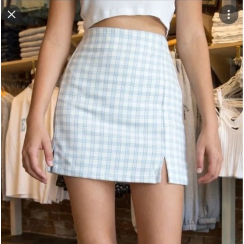 Brandy Melville Cara Skirt Blue White Plaid Check Mini with Slits One Size